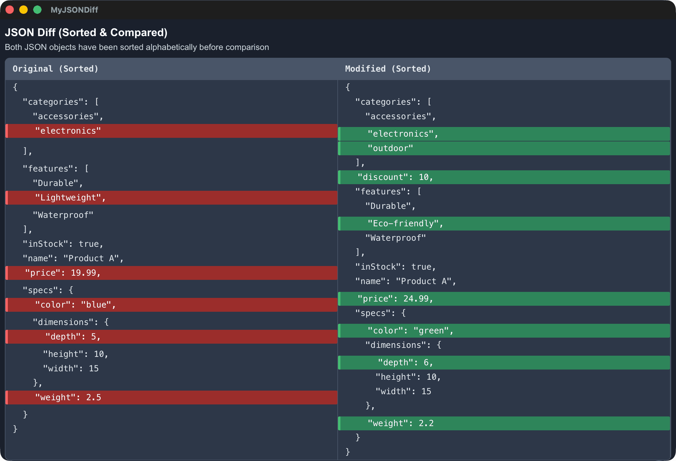MyJSONDiff app - JSON comparison interface